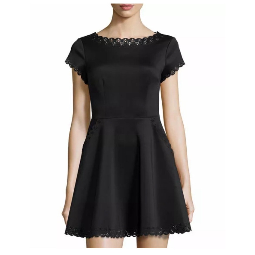 Susana Monaco  Black Eyelet Fit Flare dress Cap Sleeve Career Cocktail‎ Size 2